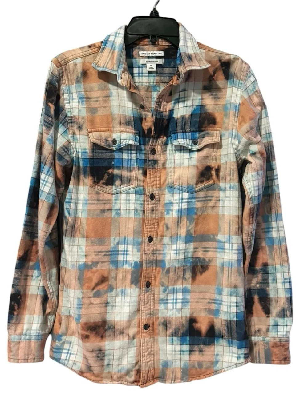 Upcycled Bleach Dyed Flannel Shirt XS 18.5” P2P Blue/Peach NWOT